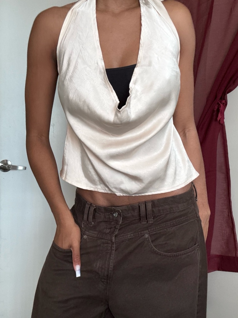 Cream Satin Halter Cowl Neck Camisole